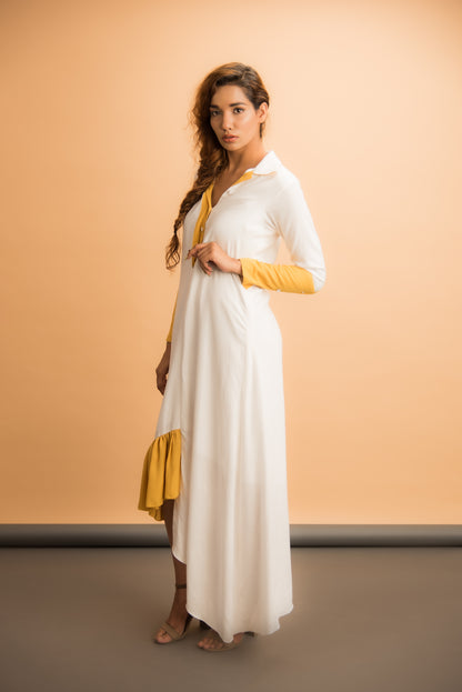 White asymmetrical dress with yellow details