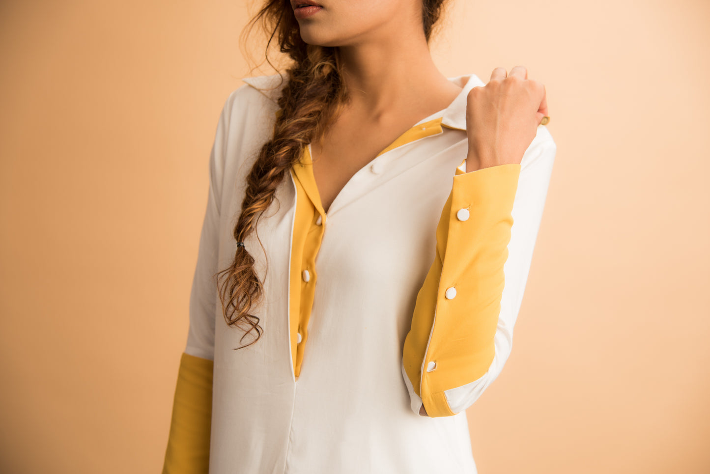 White asymmetrical dress with yellow details