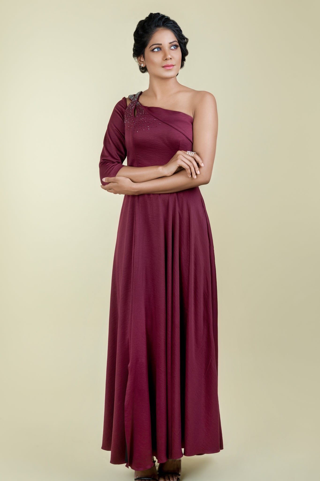 Maroon One Shoulder Gown- peekaboo - Label Manasi